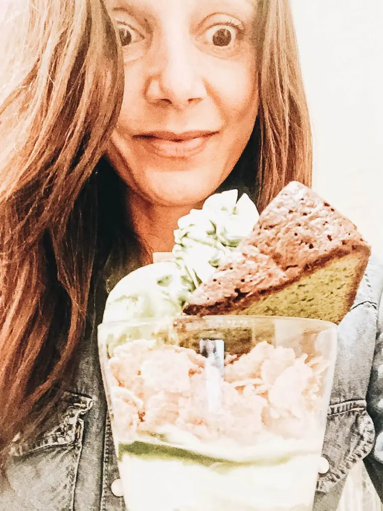 Annette White eating Match Dessert in Tokyo