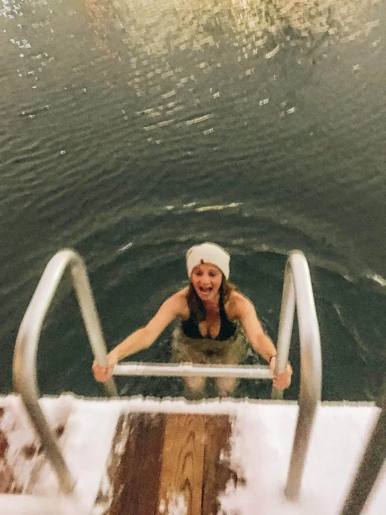 Annette White taking the Polar Bear Ice Plunge in Norway