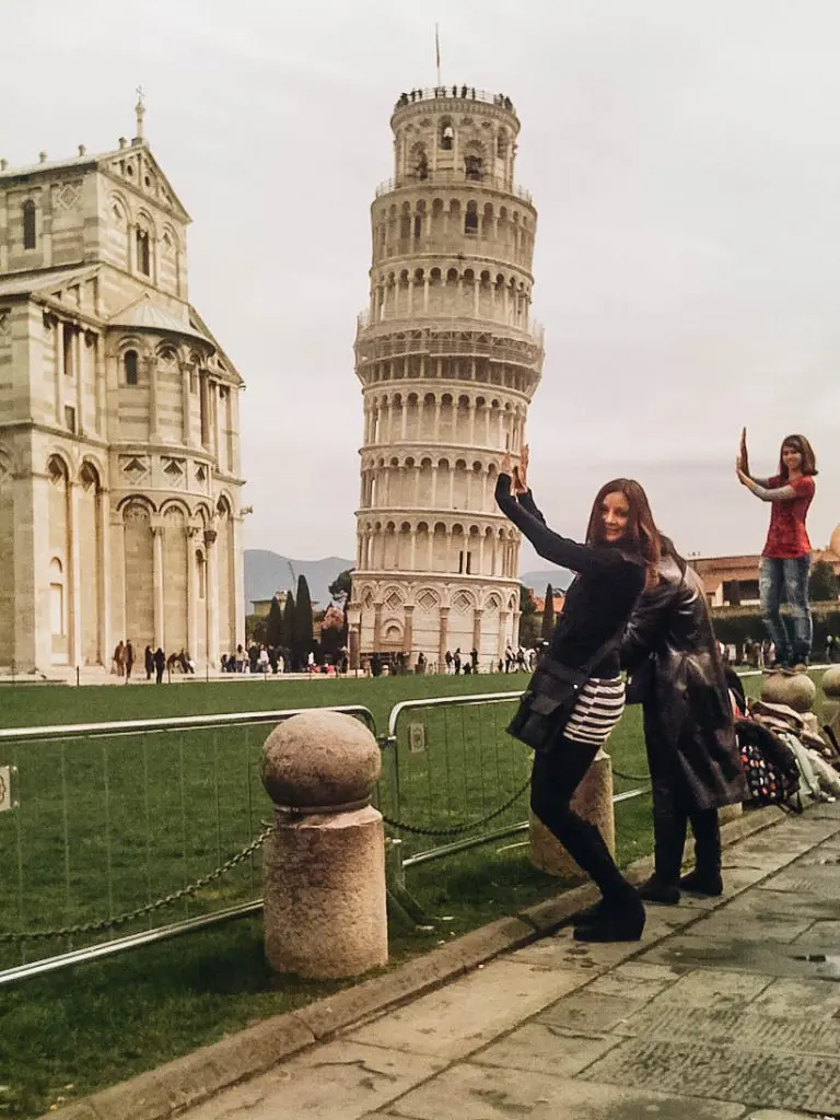 Annette posing near Leaning Tower of Pisa