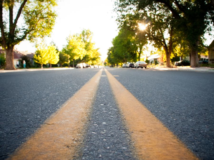 The yellow lines on the road