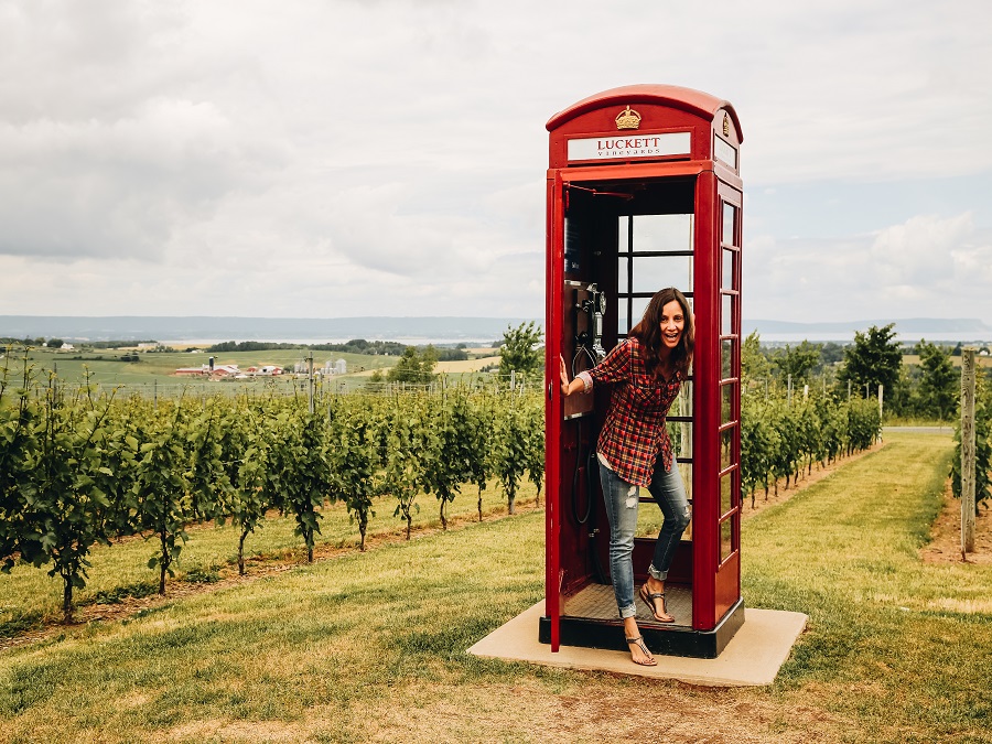 Annette having a great time at Luckett Vineyards Phone Booth