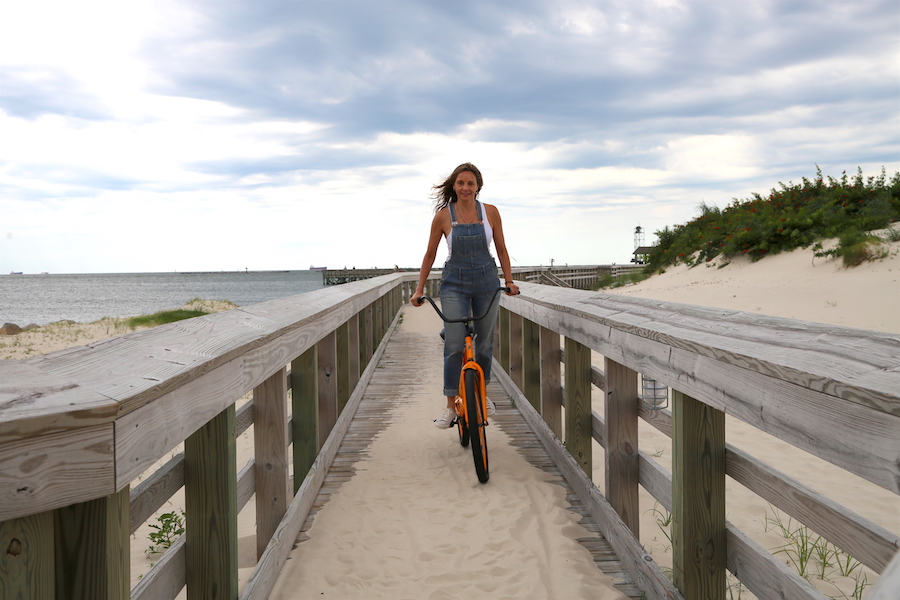 Annette White riding a bike in Cape Charles, Virginia