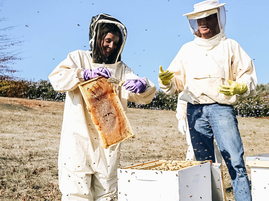 Annette enjoying a hobby day of beekeeping