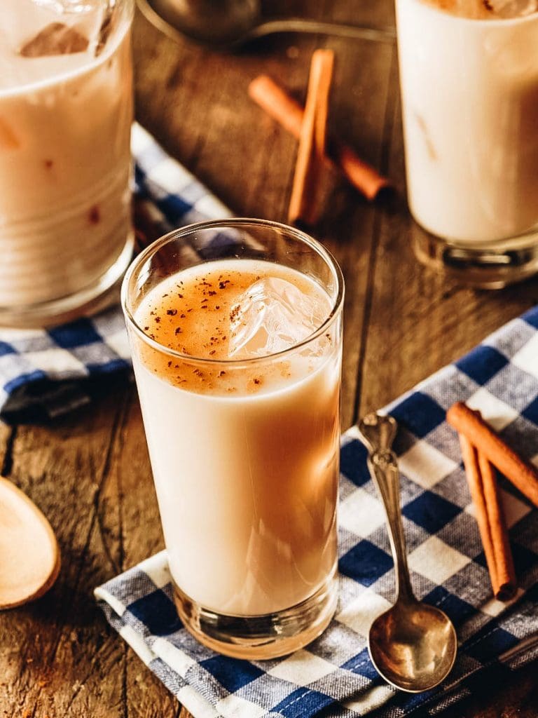 Horchata or plant milk beverage on a brown table