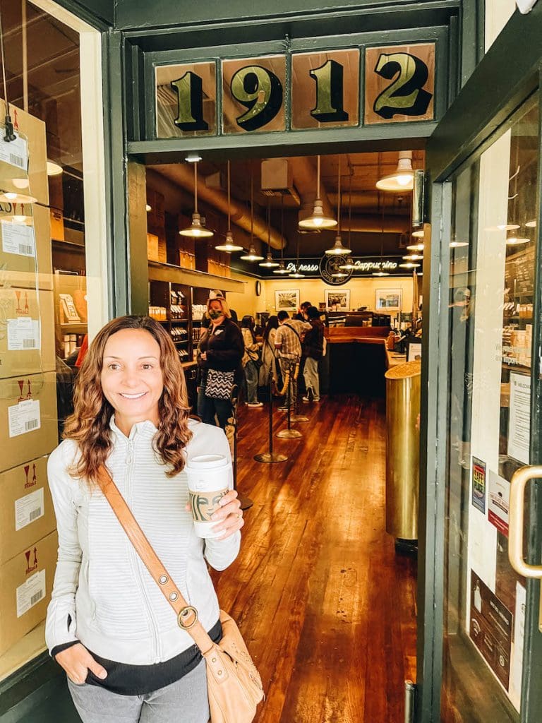 Annette White of Bucket List Journey at the Original Starbucks in Seattle Washington