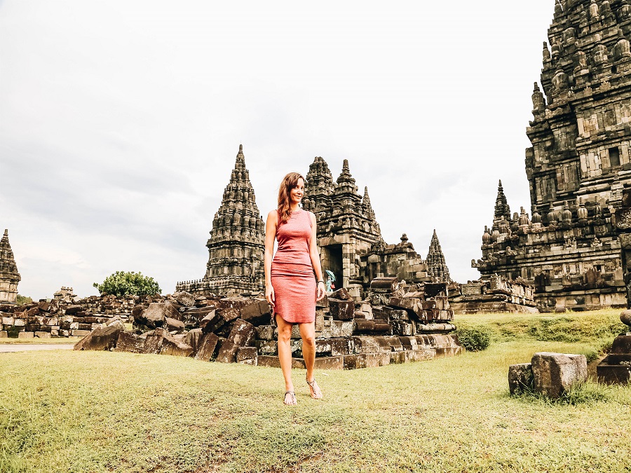 Annette standing at the Prambanan Temple Compounds, Indonesia