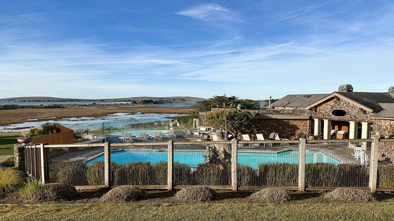 A fenced pool with a bay in the background