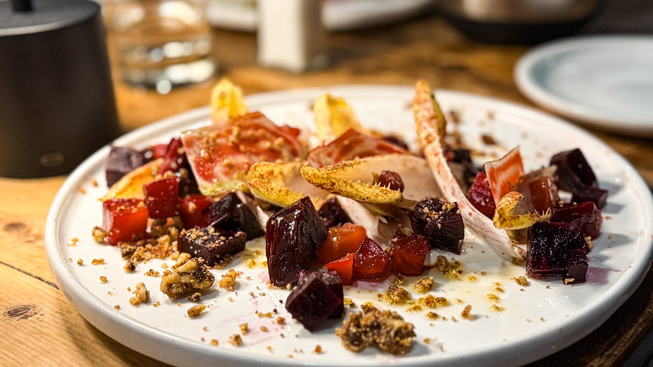 Beet salad on a white plate from Brigitte Bistro in Petaluma