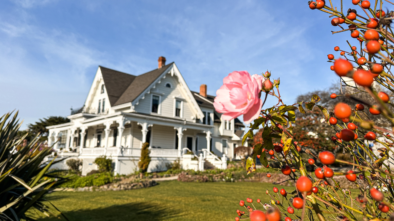 Victorian white Inn with flowers in the foreground